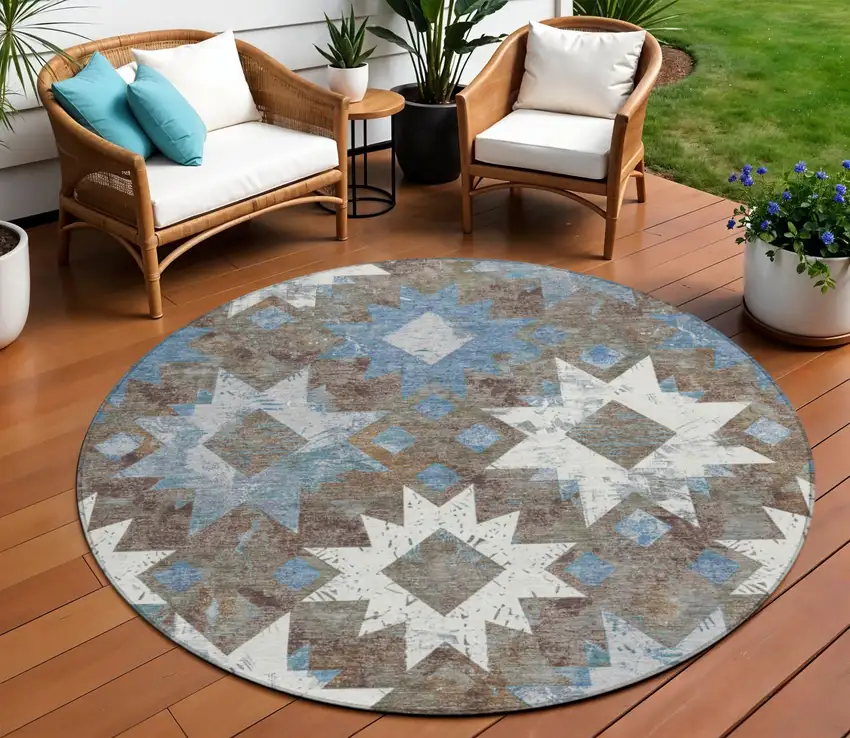 8' Brown Ivory And Denim Blue Round Aztec Washable Indoor Outdoor Area Rug Photo 2