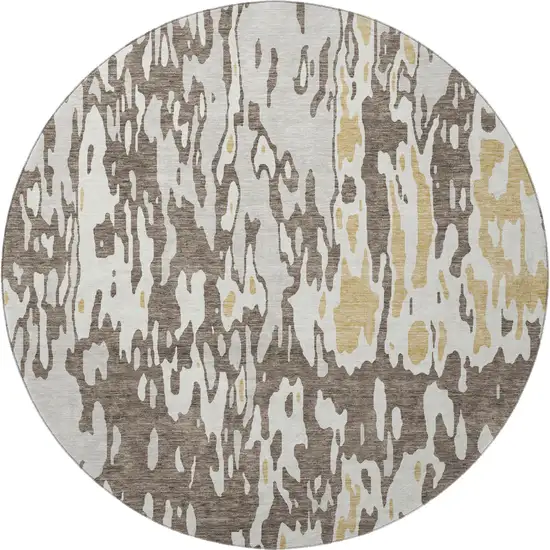 8' Brown Ivory And Gold Abstract Washable Round Rug With UV Protection Photo 3