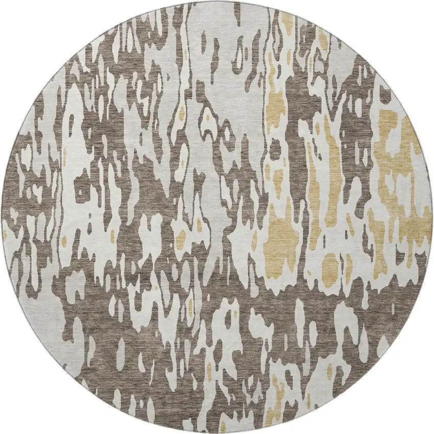 8' Brown Ivory And Gold Abstract Washable Round Rug With UV Protection Photo 3