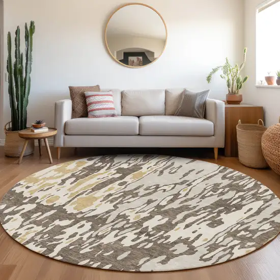8' Brown Ivory And Gold Abstract Washable Round Rug With UV Protection Photo 4