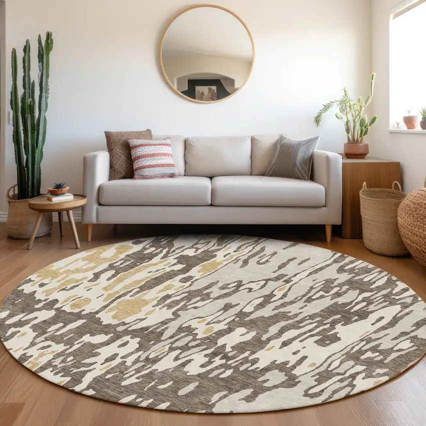 8' Brown Ivory And Gold Abstract Washable Round Rug With UV Protection Photo 4