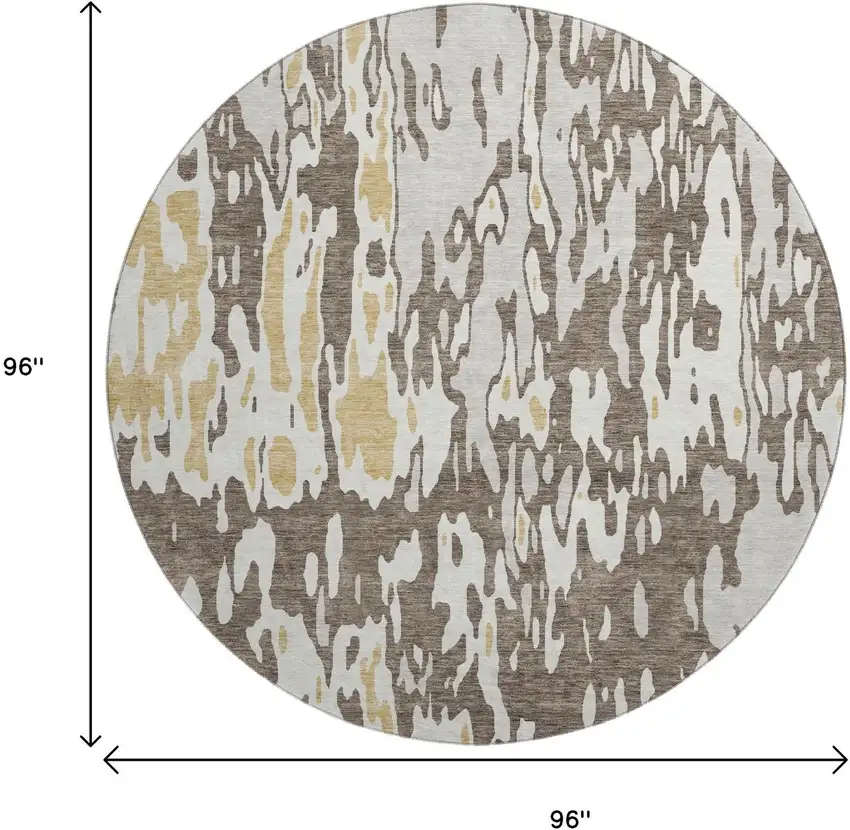 8' Brown Ivory And Gold Abstract Washable Round Rug With UV Protection Photo 9