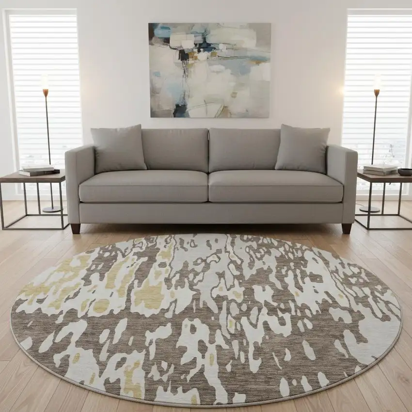 8' Brown Ivory And Gold Abstract Washable Round Rug With UV Protection Photo 2