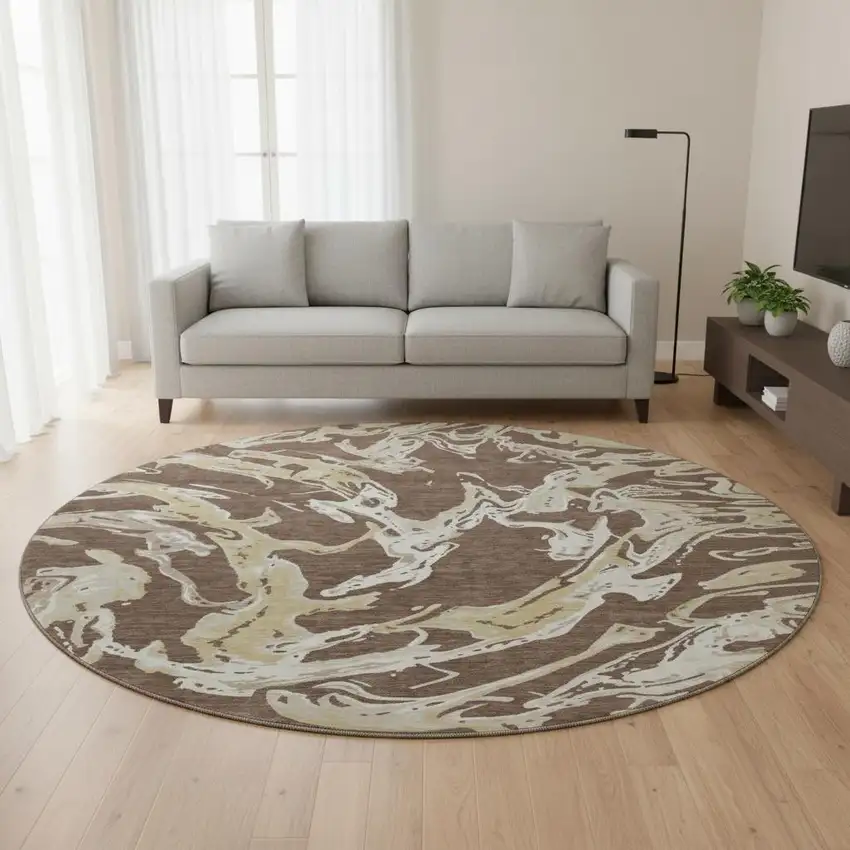 8' Brown Ivory And Gold Abstract Washable Round Rug With UV Protection Photo 2