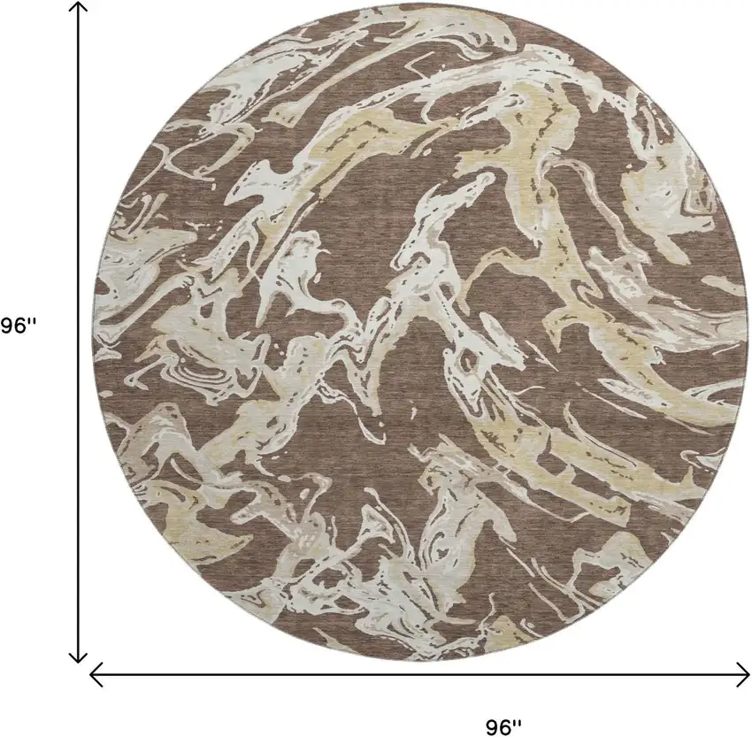 8' Brown Ivory And Gold Abstract Washable Round Rug With UV Protection Photo 9