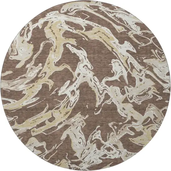 8' Brown Ivory And Gold Abstract Washable Round Rug With UV Protection Photo 3
