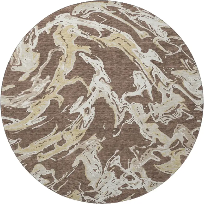 8' Brown Ivory And Gold Abstract Washable Round Rug With UV Protection Photo 3