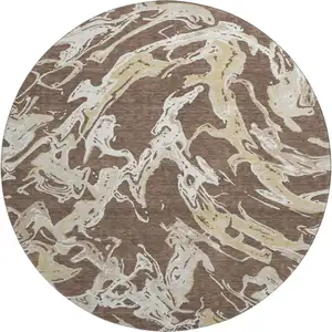 Photo of 8' Brown Ivory And Gold Abstract Washable Round Rug With UV Protection