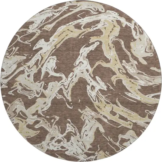 8' Brown Ivory And Gold Abstract Washable Round Rug With UV Protection Photo 1