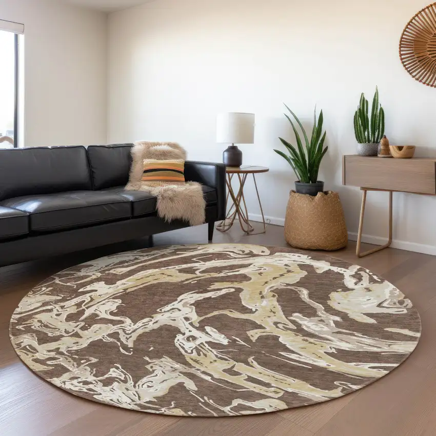 8' Brown Ivory And Gold Abstract Washable Round Rug With UV Protection Photo 4