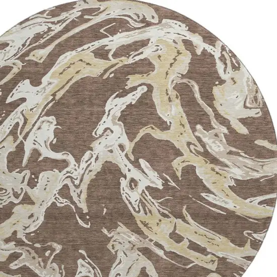 8' Brown Ivory And Gold Abstract Washable Round Rug With UV Protection Photo 2