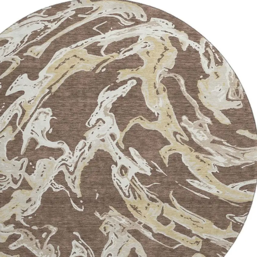 8' Brown Ivory And Gold Abstract Washable Round Rug With UV Protection Photo 2