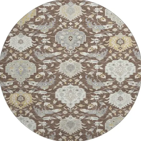 8' Brown Ivory And Gold Damask Washable Round Rug With UV Protection Photo 3