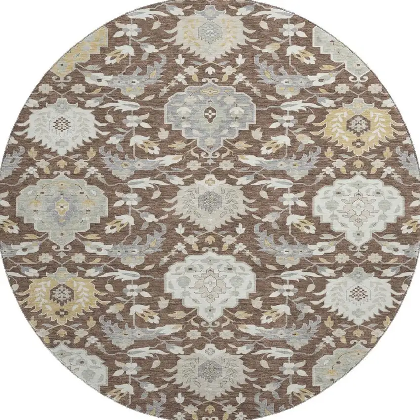 8' Brown Ivory And Gold Damask Washable Round Rug With UV Protection Photo 3