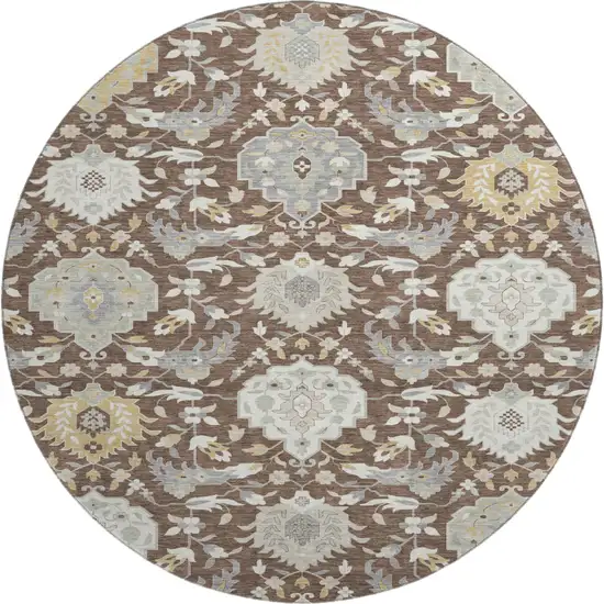 8' Brown Ivory And Gold Damask Washable Round Rug With UV Protection Photo 1
