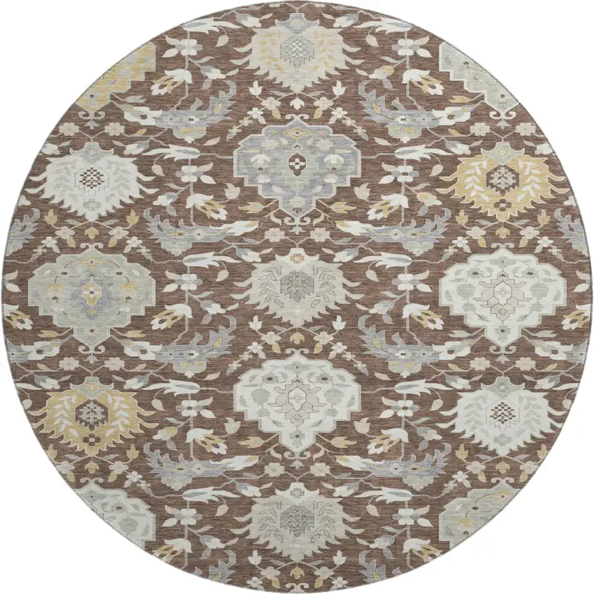 8' Brown Ivory And Gold Damask Washable Round Rug With UV Protection Photo 1