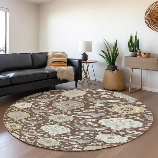 8' Brown Ivory And Gold Damask Washable Round Rug With UV Protection Photo 4