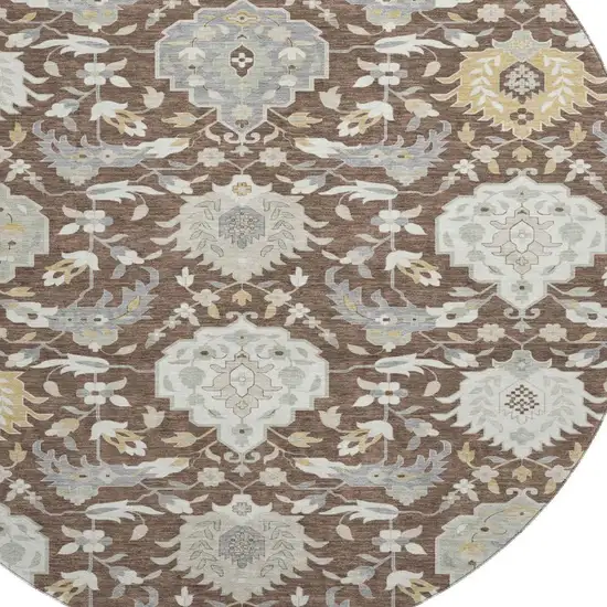 8' Brown Ivory And Gold Damask Washable Round Rug With UV Protection Photo 2