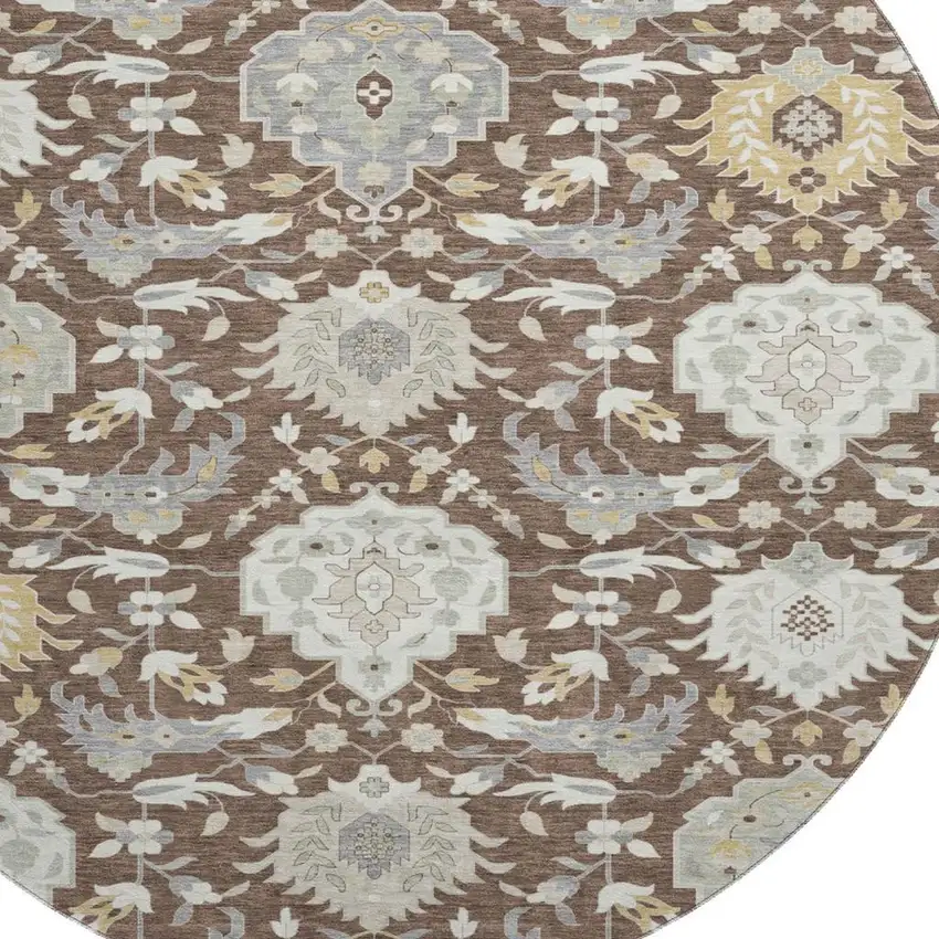 8' Brown Ivory And Gold Damask Washable Round Rug With UV Protection Photo 2