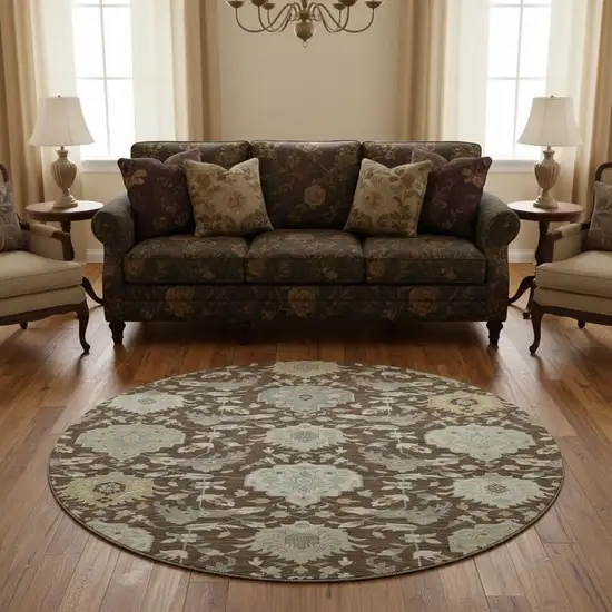 8' Brown Ivory And Gold Damask Washable Round Rug With UV Protection Photo 2
