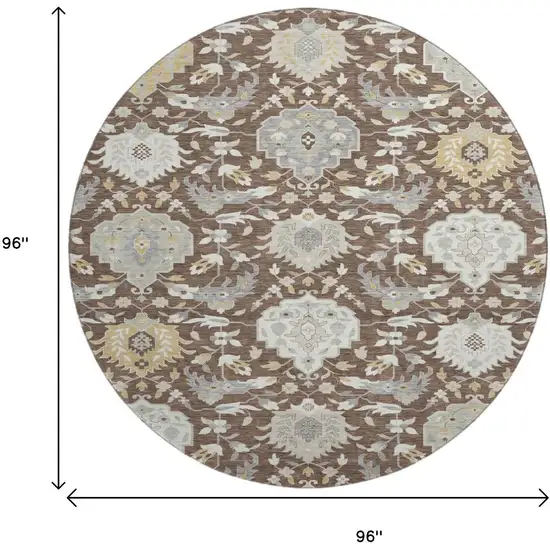 8' Brown Ivory And Gold Damask Washable Round Rug With UV Protection Photo 9