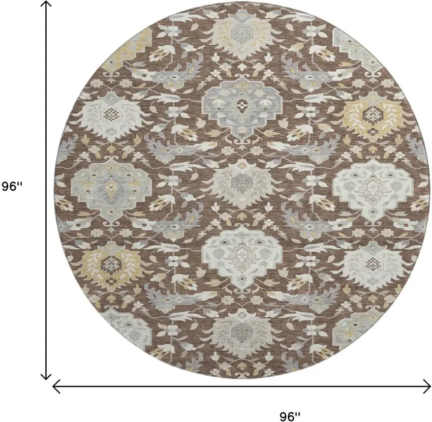 8' Brown Ivory And Gold Damask Washable Round Rug With UV Protection Photo 9
