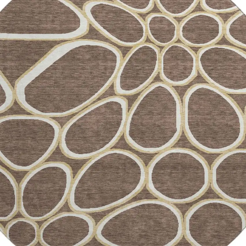 8' Brown Ivory And Gold Geometric Washable Round Rug With UV Protection Photo 2