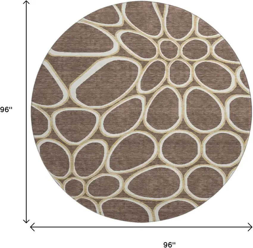 8' Brown Ivory And Gold Geometric Washable Round Rug With UV Protection Photo 9