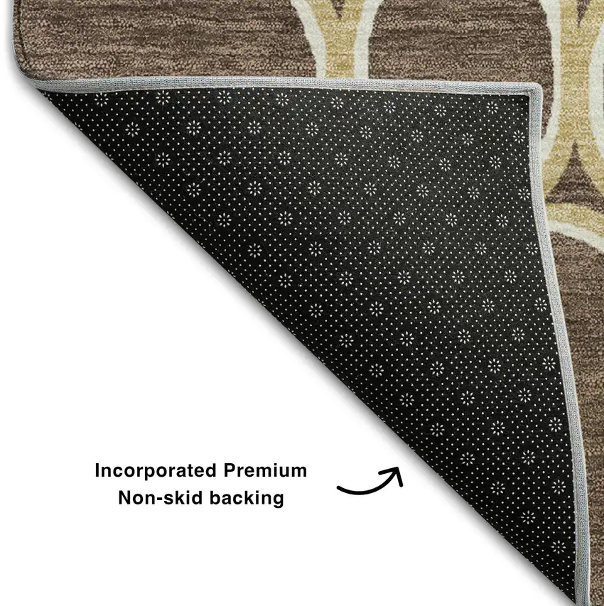 8' Brown Ivory And Gold Geometric Washable Round Rug With UV Protection Photo 5