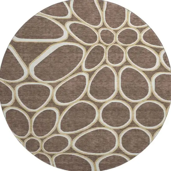 8' Brown Ivory And Gold Geometric Washable Round Rug With UV Protection Photo 3