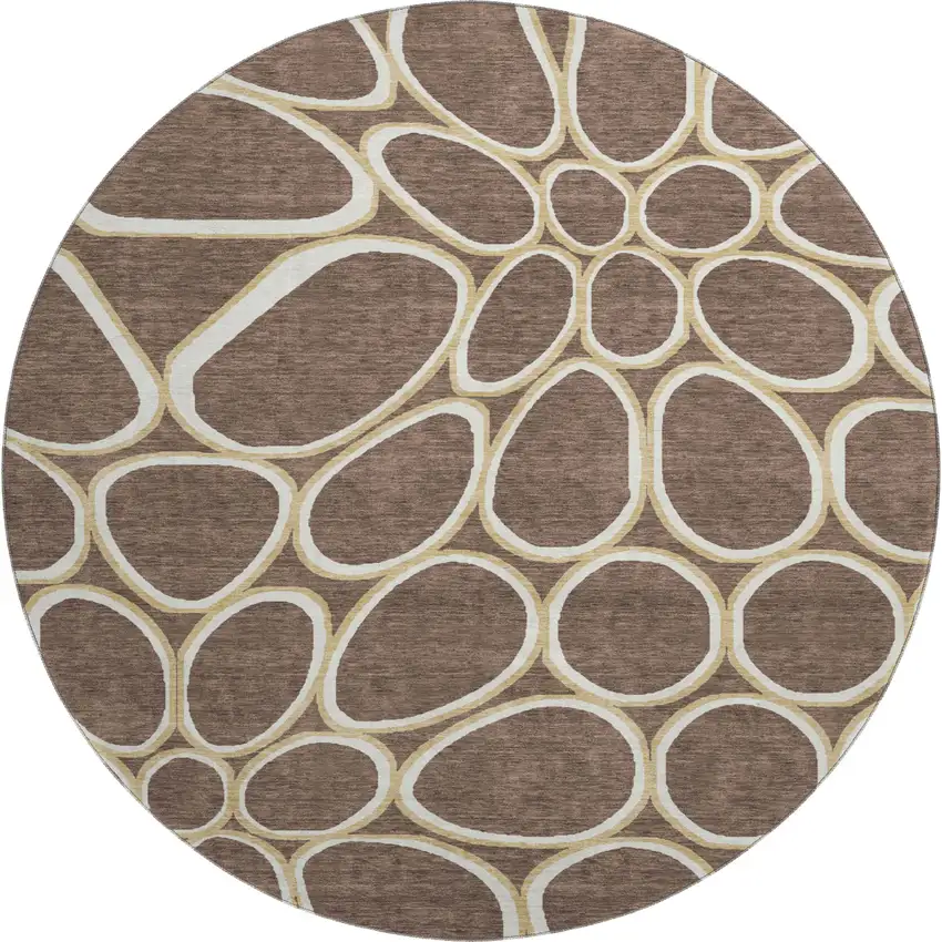 8' Brown Ivory And Gold Geometric Washable Round Rug With UV Protection Photo 1