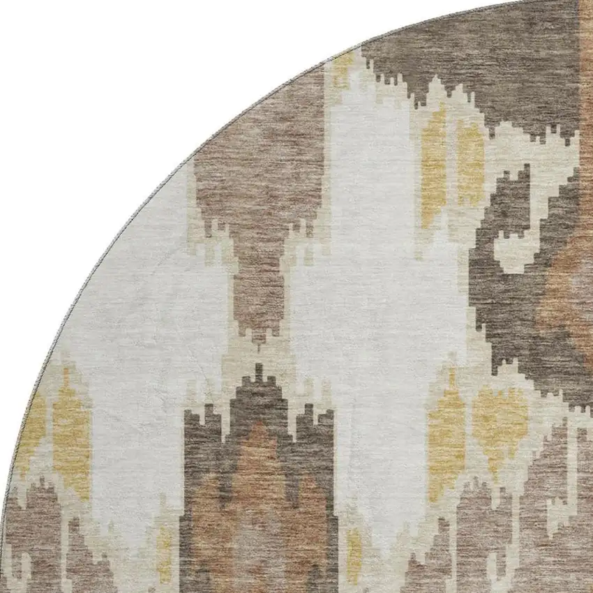 8' Brown Ivory And Gold Ikat Washable Round Rug With UV Protection Photo 4