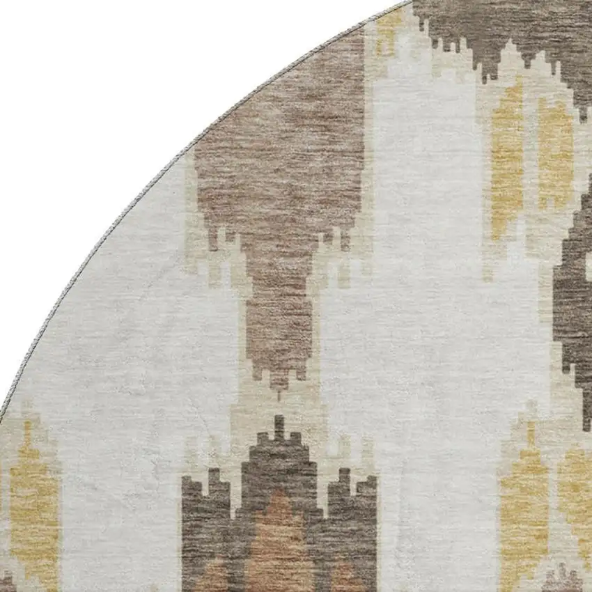 8' Brown Ivory And Gold Ikat Washable Round Rug With UV Protection Photo 3