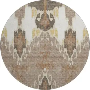 Photo of 8' Brown Ivory And Gold Ikat Washable Round Rug With UV Protection