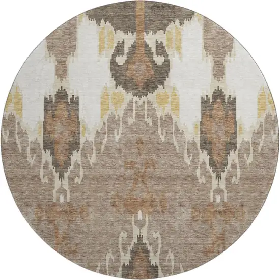 8' Brown Ivory And Gold Ikat Washable Round Rug With UV Protection Photo 1