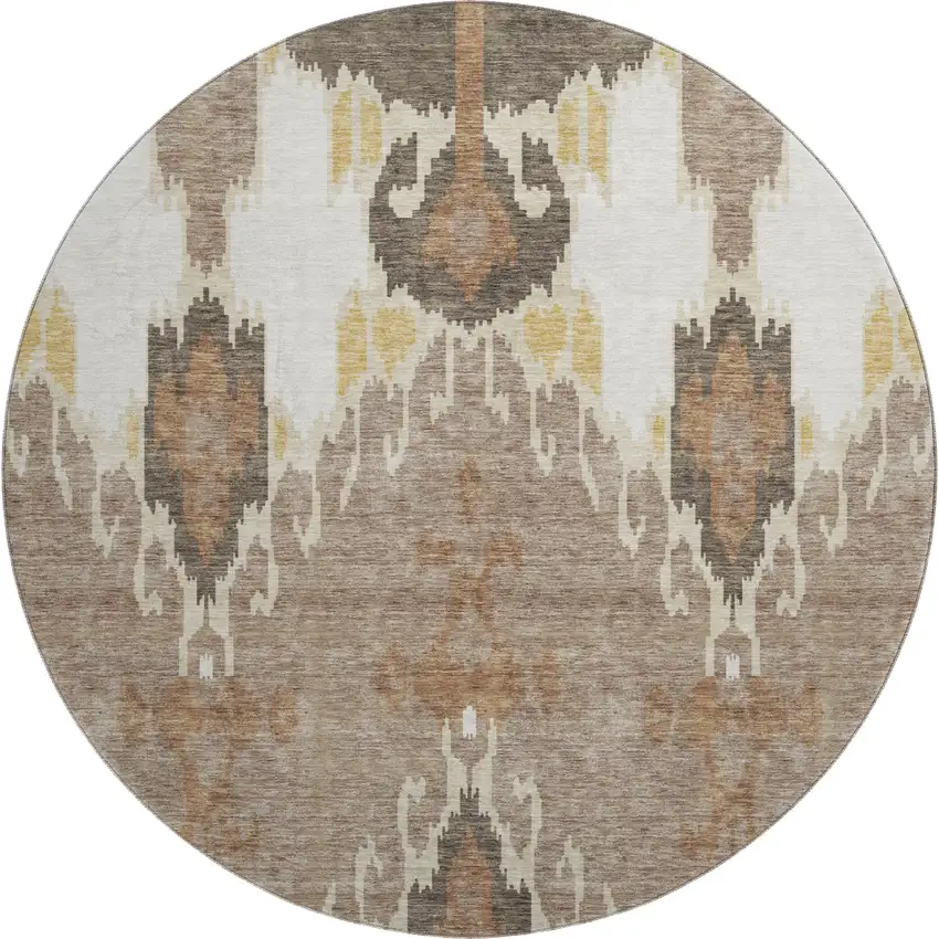 8' Brown Ivory And Gold Ikat Washable Round Rug With UV Protection Photo 1