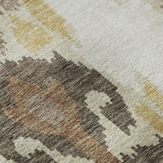 8' Brown Ivory And Gold Ikat Washable Round Rug With UV Protection Photo 9