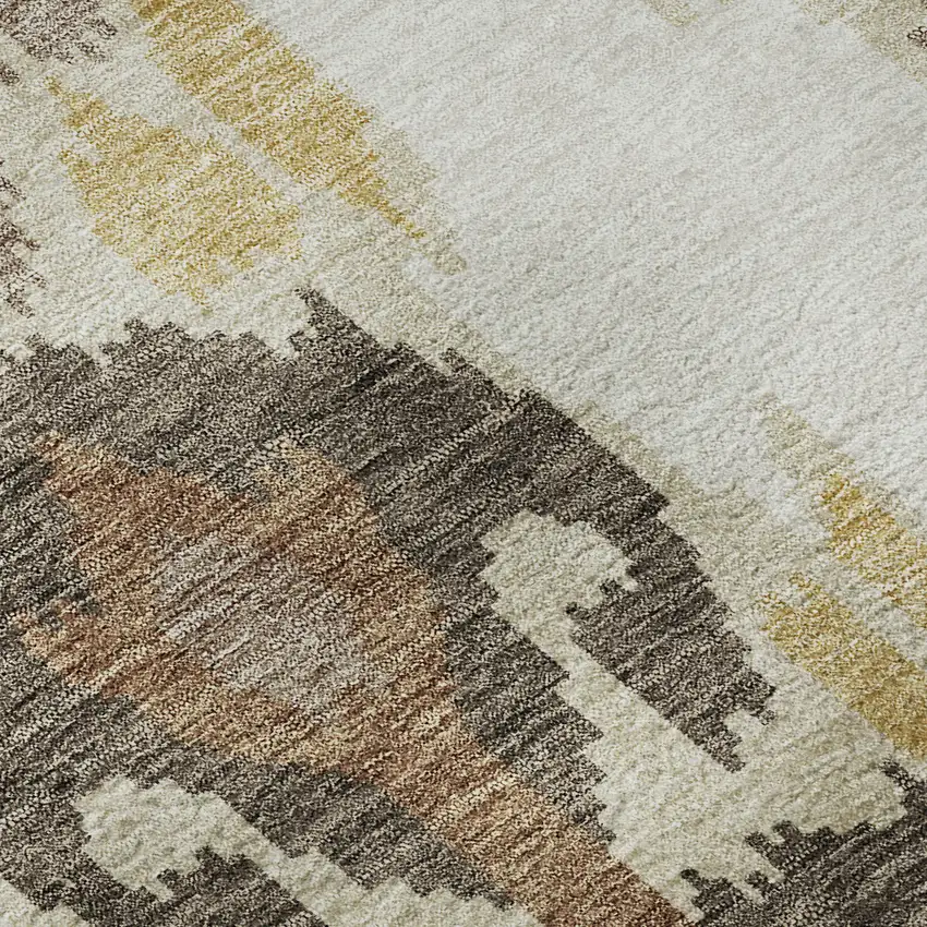 8' Brown Ivory And Gold Ikat Washable Round Rug With UV Protection Photo 9