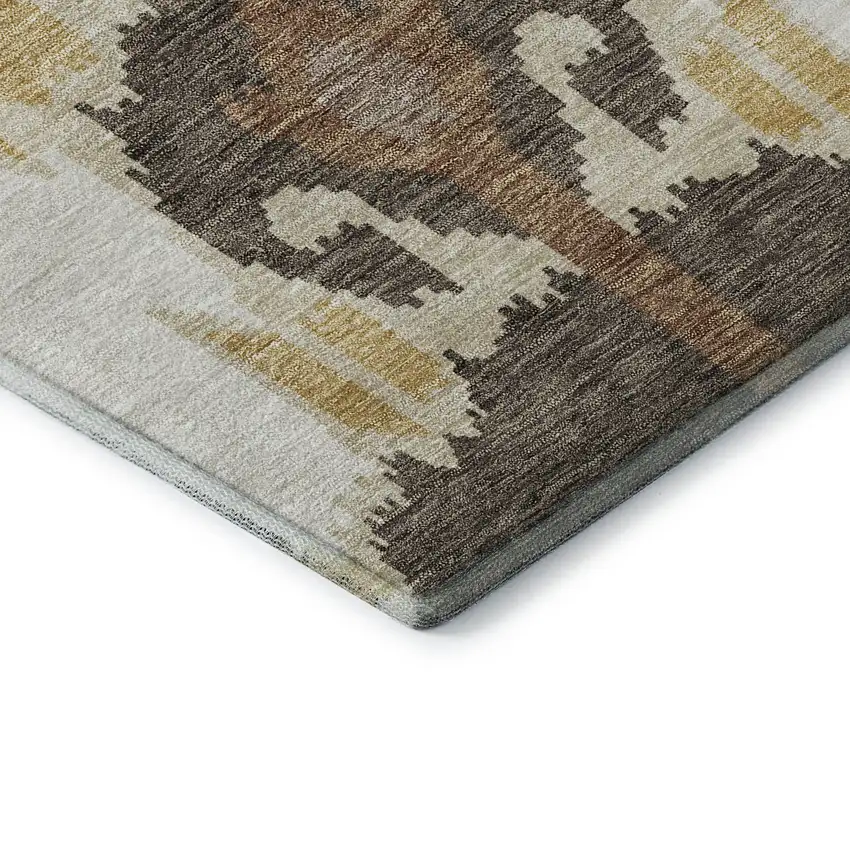 8' Brown Ivory And Gold Ikat Washable Round Rug With UV Protection Photo 7