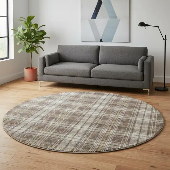 8' Brown Ivory And Gold Plaid Washable Round Rug With UV Protection Photo 2