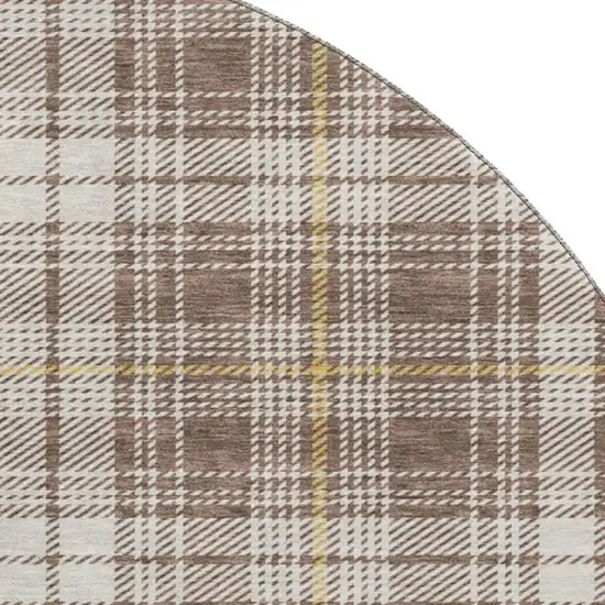 8' Brown Ivory And Gold Plaid Washable Round Rug With UV Protection Photo 2