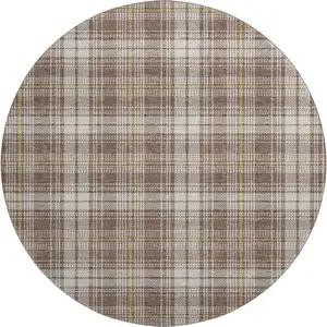 Photo of 8' Brown Ivory And Gold Plaid Washable Round Rug With UV Protection