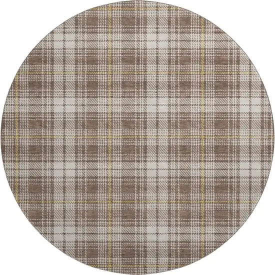 8' Brown Ivory And Gold Plaid Washable Round Rug With UV Protection Photo 1