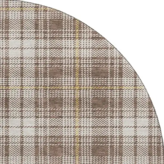 8' Brown Ivory And Gold Plaid Washable Round Rug With UV Protection Photo 3
