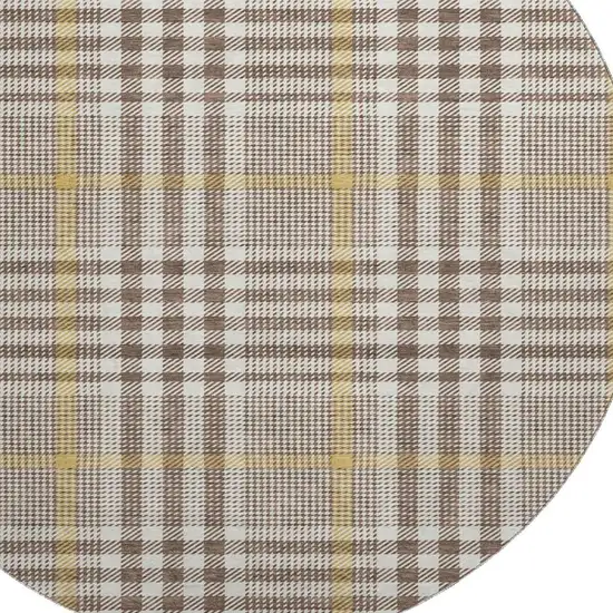 8' Brown Ivory And Gold Plaid Washable Round Rug With UV Protection Photo 2