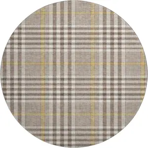 Photo of 8' Brown Ivory And Gold Plaid Washable Round Rug With UV Protection
