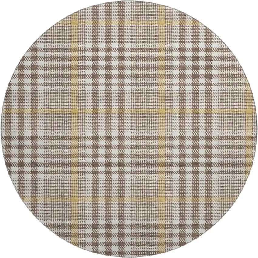 8' Brown Ivory And Gold Plaid Washable Round Rug With UV Protection Photo 1