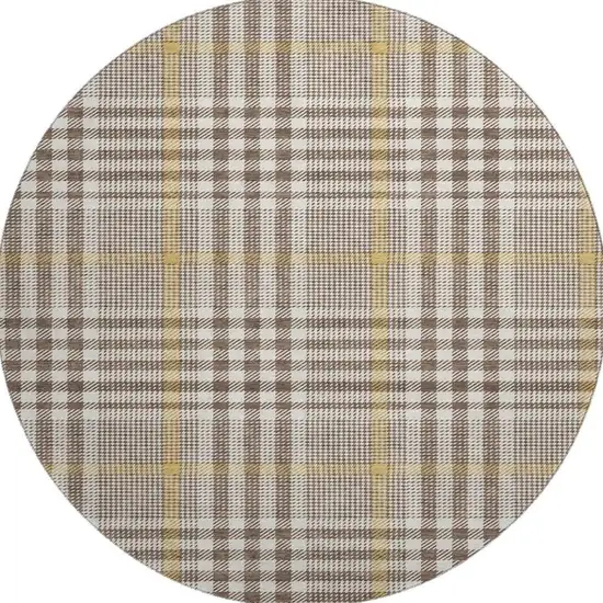 8' Brown Ivory And Gold Plaid Washable Round Rug With UV Protection Photo 3