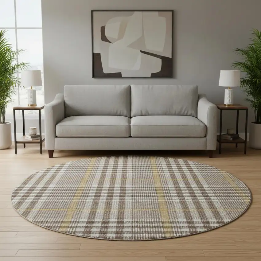 8' Brown Ivory And Gold Plaid Washable Round Rug With UV Protection Photo 2