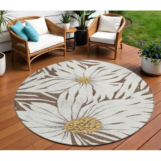 8' Brown Ivory And Gold Round Floral Washable Indoor Outdoor Area Rug Photo 1